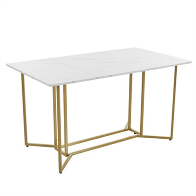 Unique Metal Frame Rectangular Dining Table in Modern Marble Pattern Kitchen Table with Adjustable Feet, White/Golden