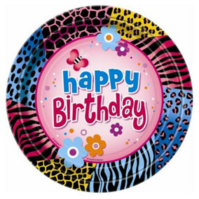 Unique Paper Animal Print Happy Birthday Disposable Plates (Pack of 8) Multicoloured (One Size)
