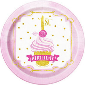 Unique Party 1st Birthday Party Plates (Pack of 8) Gold/Pink (One Size)