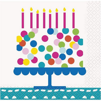 Unique Party Birthday Cake Napkins (Pack of 16) White/Blue/Pink (5in)