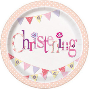 Unique Party Bunting Christening 9 Inch Plates (Pack Of 8) Pink (One Size)