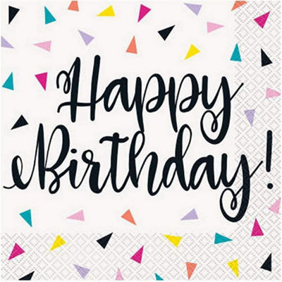 Unique Party Confetti Happy Birthday Napkins (Pack of 16) White (One Size)