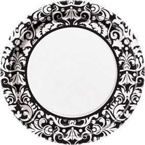 Unique Party Damask Disposable Plates (Pack of 8) Black/White (One Size)