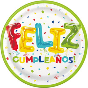 Unique Party Feliz Cumpleanos Paper Disposable Plates (Pack of 8) White/Green/Yellow (One Size)