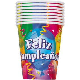 Unique Party Feliz Cumpleanos Party Cup (Pack of 8) Multicoloured (One Size)