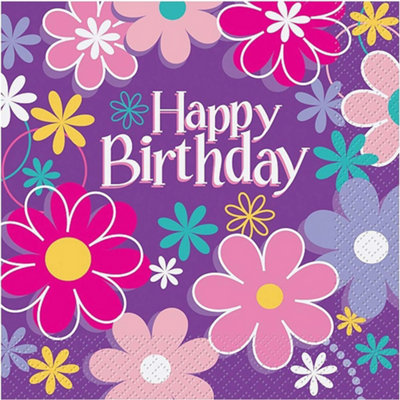 Unique Party Floral Birthday Disposable Napkins (Pack of 16) Purple/Pink (One Size)