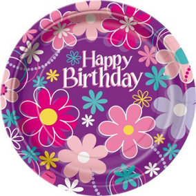 Unique Party Floral Happy Birthday Disposable Plates (Pack of 8) Multicoloured (One Size)