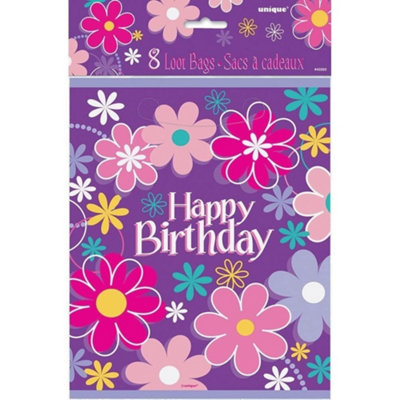 Unique Party Floral Happy Birthday Party Bags (Pack of 8) Purple/Pink (23cm x 18cm)