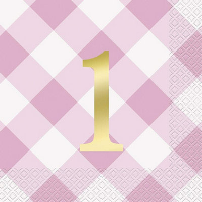 Unique Party Gingham 1st Birthday Napkins (Pack of 16) Pink/White/Gold (One Size)