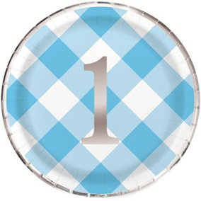Unique Party Gingham 1st Birthday Party Plates (Pack of 8) Blue/White (One Size)