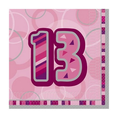 Unique Party Glitz 13th Birthday Disposable Napkins (Pack of 16) Pink (One Size)