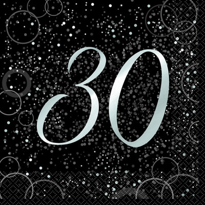 Unique Party Glitz 30th Birthday Disposable Napkins (Pack of 16) Black/Silver (One Size)