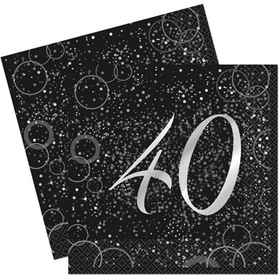 Unique Party Glitz 40th Birthday Disposable Napkins (Pack of 16) Black/Silver (One Size)