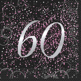 Unique Party Glitz 60th Birthday Disposable Napkins (Pack of 16) Black/Pink/Silver (One Size)