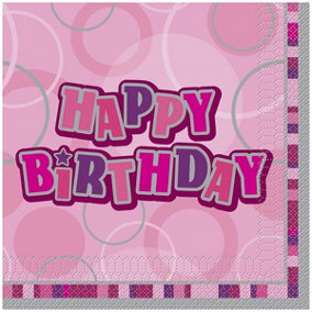 Unique Party Glitz Happy Birthday Disposable Napkins (Pack of 16) Pink (One Size)