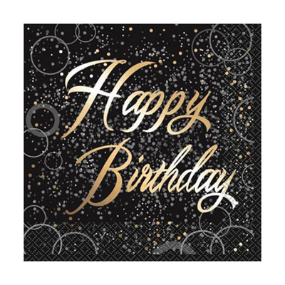 Unique Party Glitz Happy Birthday Napkins (Pack of 16) Black/Gold (One Size)