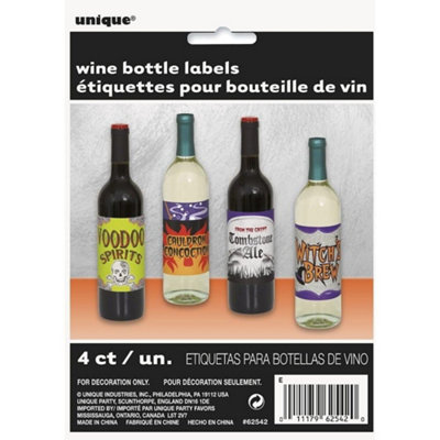 Unique Party Halloween Wine Bottle Label (Pack of 4) Multicoloured (One Size)