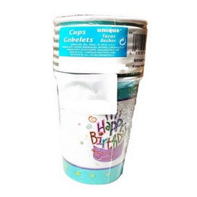 Unique Party Happy Birthday 270ml Party Cup (Pack of 8) White/Blue (One Size)