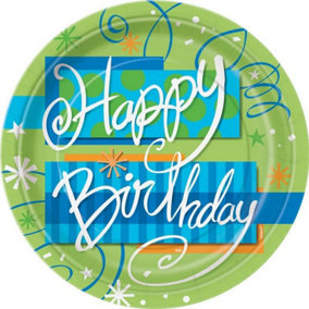 Unique Party Happy Birthday Party Plates (Pack of 8) Green/Blue/White (One Size)