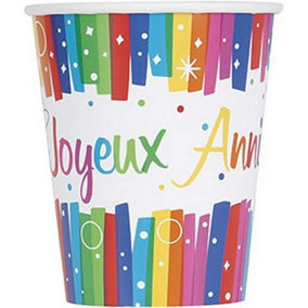 Unique Party Joyeux Anniversaire Paper Disposable Cup (Pack of 8) Multicoloured (One Size)