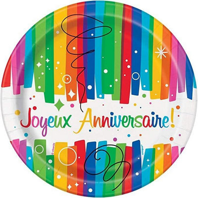 Unique Party Joyeux Anniversaire Rainbow Ribbons Disposable Plates (Pack of 8) Multicoloured (One Size)