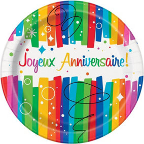 Unique Party Joyeux Anniversaire Rainbow Ribbons Disposable Plates (Pack of 8) Multicoloured (One Size)