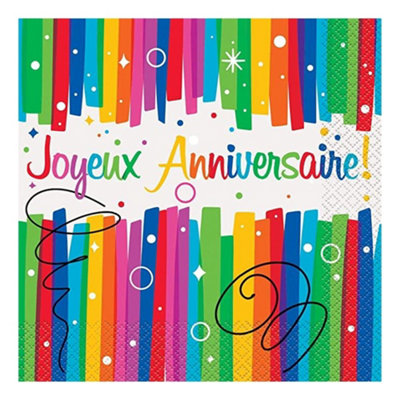Unique Party Joyeux Anniversaire Rainbow Ribbons Napkins (Pack of 16) Multicoloured (One Size)