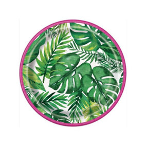 Unique Party Luau Theme Tropical Palm Party Plates (Pack of 8) White/Green/Pink (One Size)