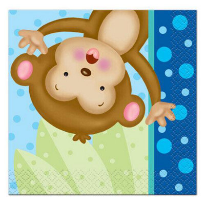 Unique Party Monkey Baby Shower Napkins (Pack of 16) Blue/Brown/Green (5in)
