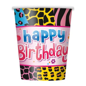 Unique Party Paper Animal Print Happy Birthday Disposable Cup (Pack of 8) Multicoloured (One Size)