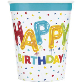 Unique Party Paper Balloon Birthday Party Cup (Pack of 8) White/Multicoloured (One Size)
