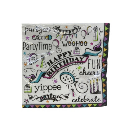 Unique Party Paper Doodle Happy Birthday Disposable Napkins (Pack of 16) Multicoloured (One Size)