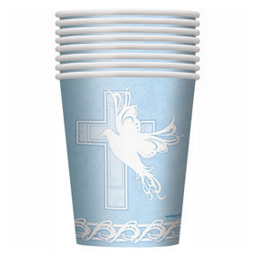 Unique Party Paper Dove Cross Christening Disposable Cup (Pack of 8) Blue (One Size)