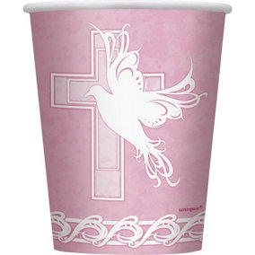 Unique Party Paper Dove Cross Christening Disposable Cup (Pack of 8) Pink (One Size)