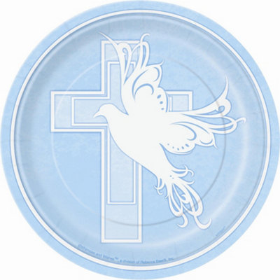 Unique Party Paper Dove Cross Christening Party Plates (Pack of 8) Blue/White (One Size)