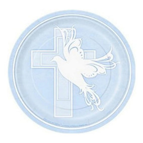 Unique Party Paper Dove Cross Christening Party Plates (Pack of 8) Blue/White (One Size)
