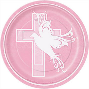 Unique Party Paper Dove Cross Christening Party Plates (Pack of 8) Pink/White (One Size)