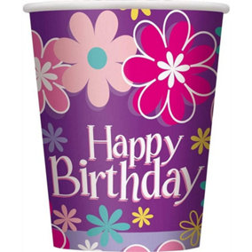 Unique Party Paper Floral Happy Birthday Party Cup (Pack of 8) Multicoloured (One Size)