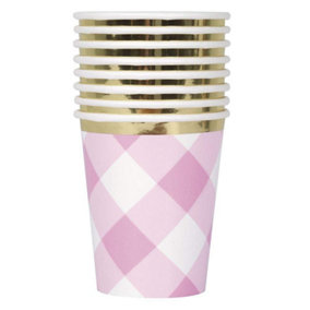 Unique Party Paper Gingham 1st Birthday Disposable Cup (Pack of 8) Pink/White/Gold (One Size)