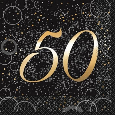 Unique Party Paper Glitz 50th Birthday Napkins (Pack of 16) Black/Gold (One Size)