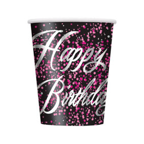 Unique Party Paper Glitz Birthday Disposable Cup (Pack of 8) Black/Pink/Silver (One Size)