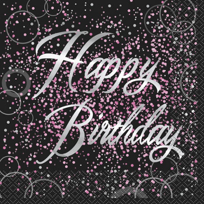 Unique Party Paper Glitz Happy Birthday Disposable Napkins (Pack of 16) Black/Silver/Pink (One Size)