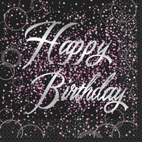 Unique Party Paper Glitz Happy Birthday Disposable Napkins (Pack of 16) Black/Silver/Pink (One Size)
