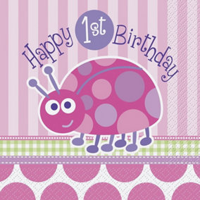 Unique Party Paper Ladybird 1st Birthday Napkins (Pack of 16) Pink (One Size)