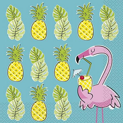 Unique Party Paper Pineapple & Flamingo Disposable Napkins (Pack of 16) Blue/Yellow/Purple (6.5in x 6.5in)