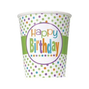 Unique Party Paper Polka Dot Birthday Disposable Cup (Pack of 8) White/Green/Orange (One Size)