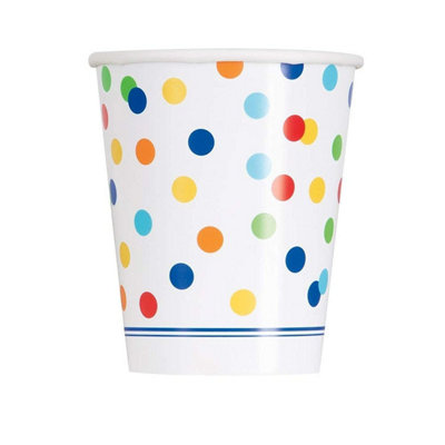 Unique Party Paper Rainbow Dots Disposable Cup (Pack of 8) White/Blue/Red (One Size)