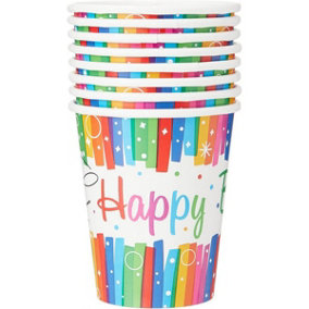 Unique Party Paper Rainbow Ribbons Happy Birthday Disposable Cup (Pack of 8) Multicoloured (One Size)