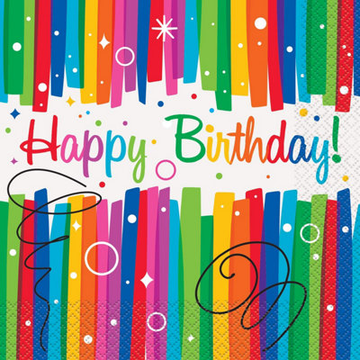 Unique Party Paper Rainbow Ribbons Happy Birthday Disposable Napkins (Pack of 16) Multicoloured (One Size)
