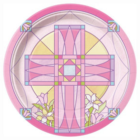 Unique Party Paper Sacred Cross Communion Disposable Plates (Pack of 8) Pink (One Size)